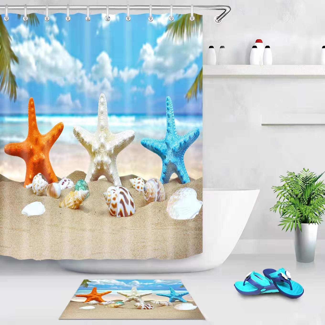 Digital printing shower curtain, bath curtain, mildew-proof, water-proof shower curtain set, no perforation, bathroom partition curtain, door curtain, window curtain thumbnail