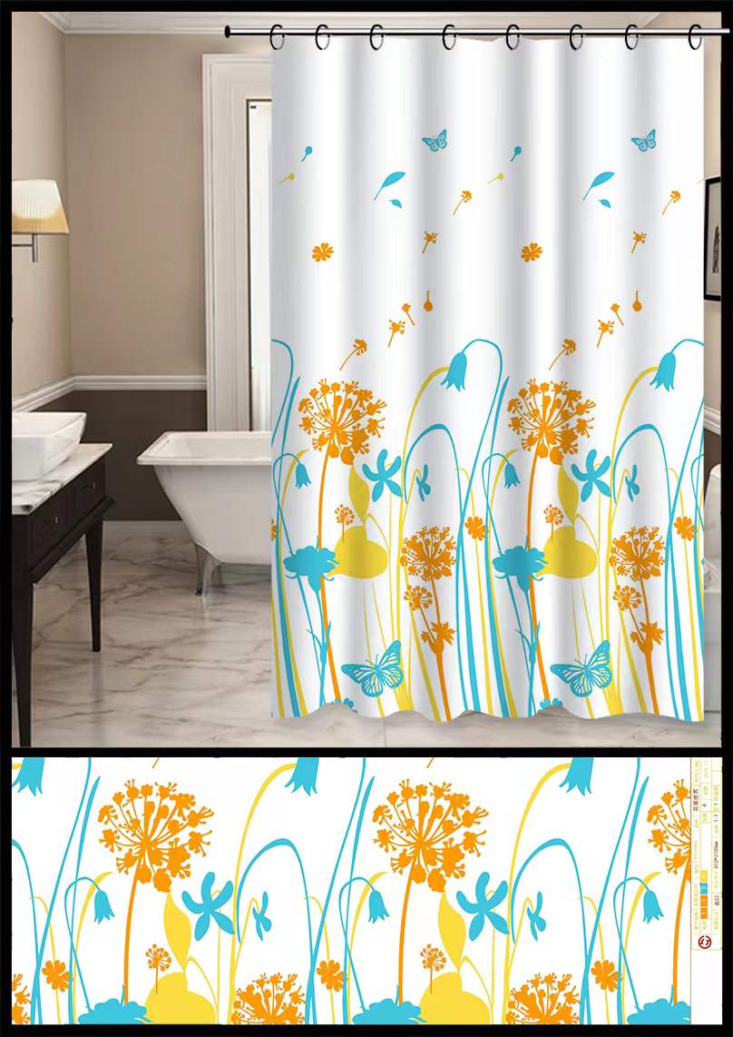 Bathroom shower curtain mildew proof waterproof shower curtain set without perforation bathroom partition curtain door curtain window hanging curtain chrysanthemum thumbnail