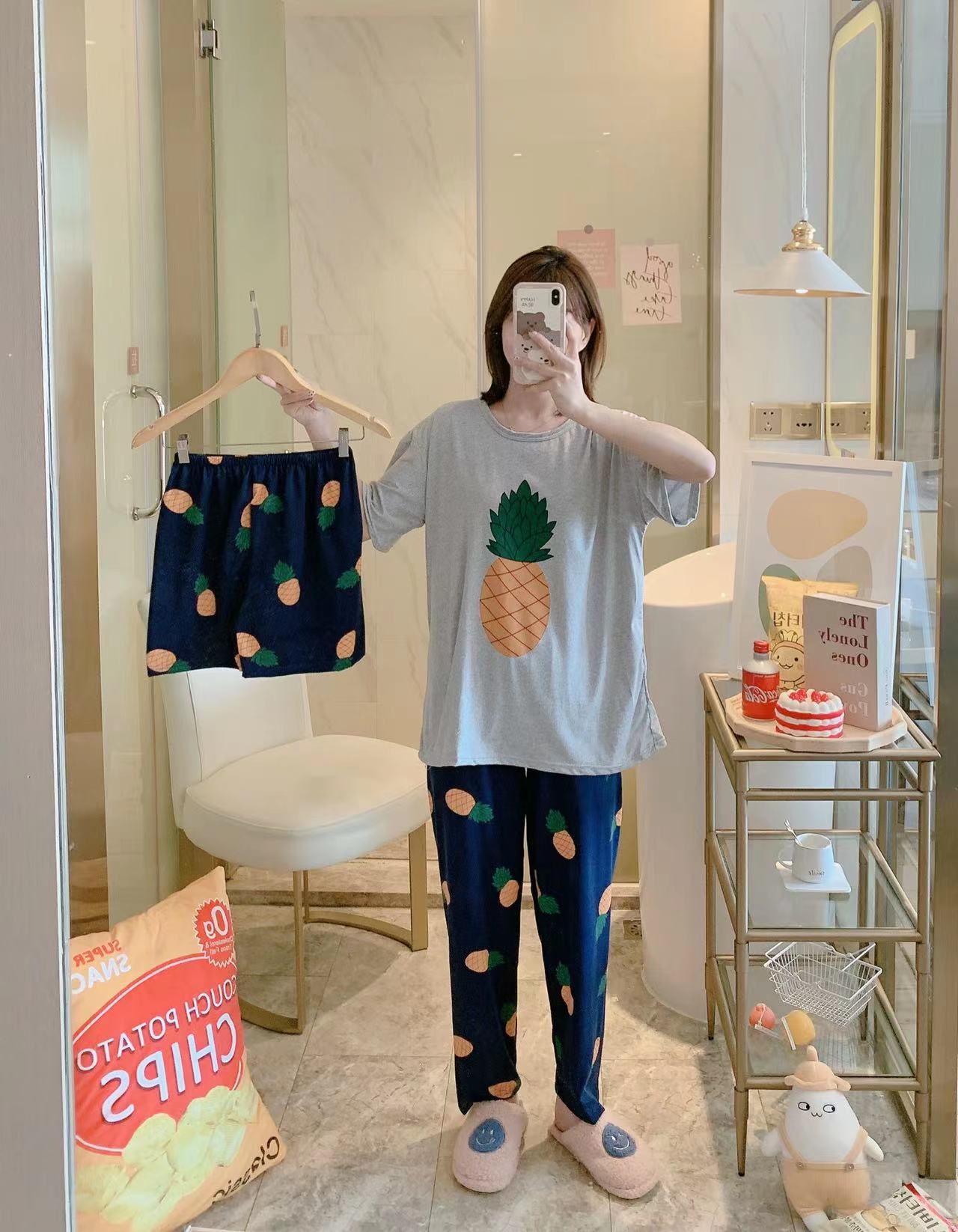 Pajama lady summer short sleeved pajama 3 piece suit summer thin sweet lovely cartoon student home clothes can be worn outside