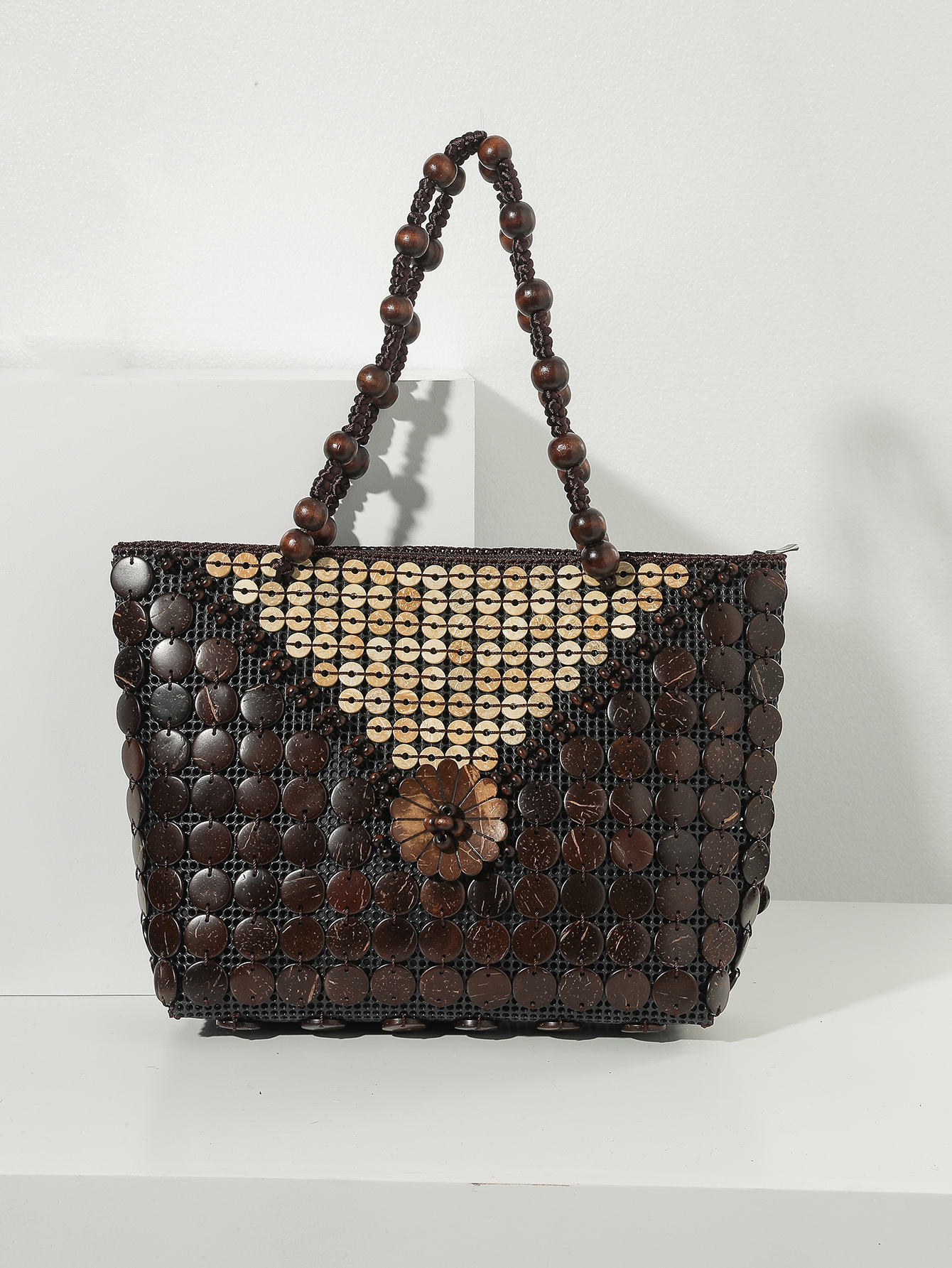 Boho Vintage Coconut Shell Flower beaded color Handheld Tote Baufu Coconut 29