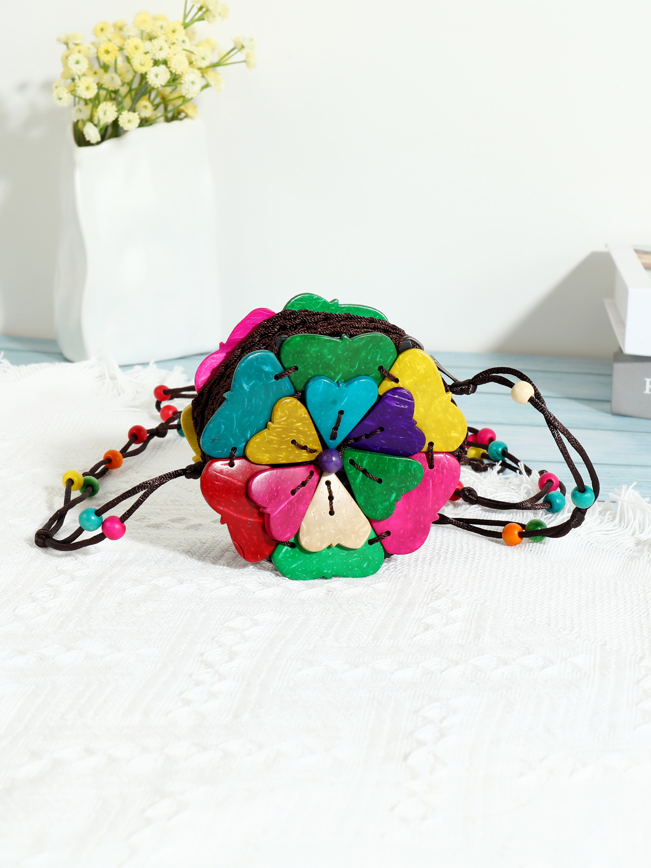 Boho Vintage Coconut Shell Large Flower beaded Oblique Shoulder Mini coin purse Fucoconut 39