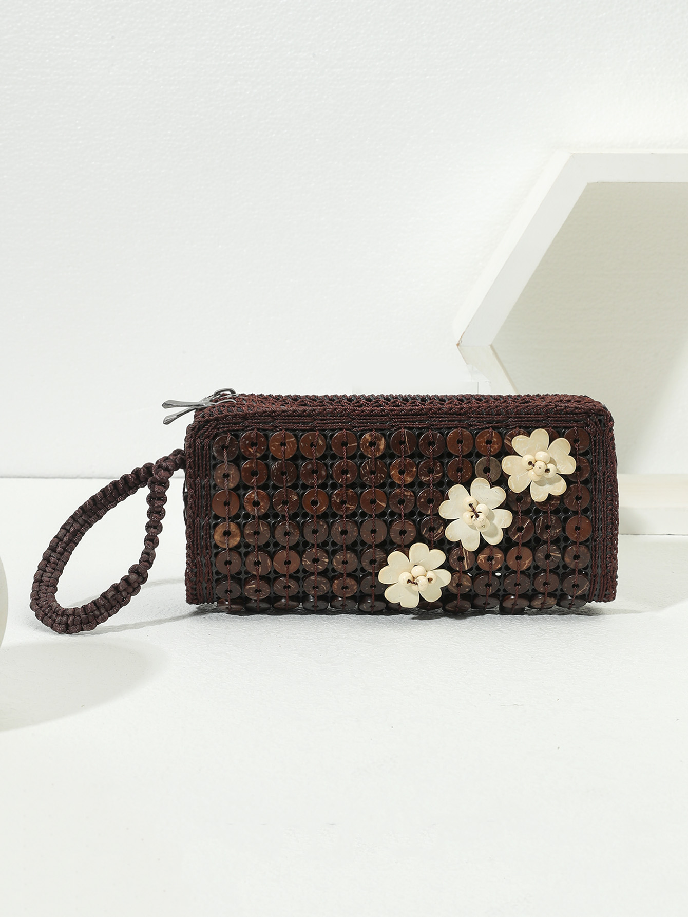 Boho Vintage Coconut Shell Flower beaded hand-held coin purse Double Pull Coconut 37