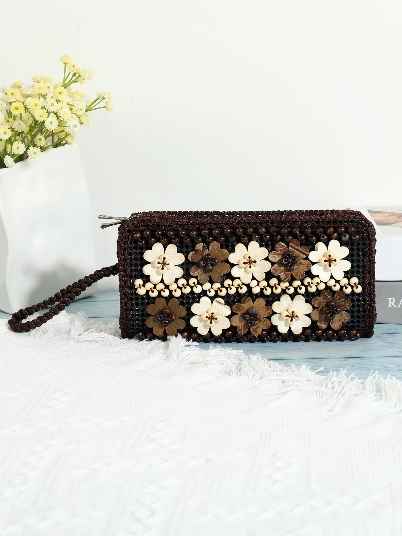 Boho Vintage Coconut Shell Flower beaded pocket change mobile phone bag Coco 16