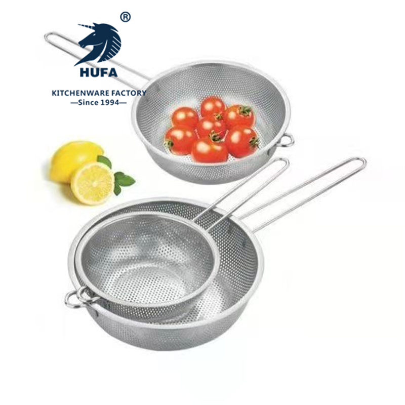 Rice sieve stainless steel single handle multi-purpose dense hole basket thickened stainless steel drain basin round rice sieve single handle drain basin fruit basket washing basin filter basin stainless steel gold plated rice sieve single handle rice sieve thumbnail