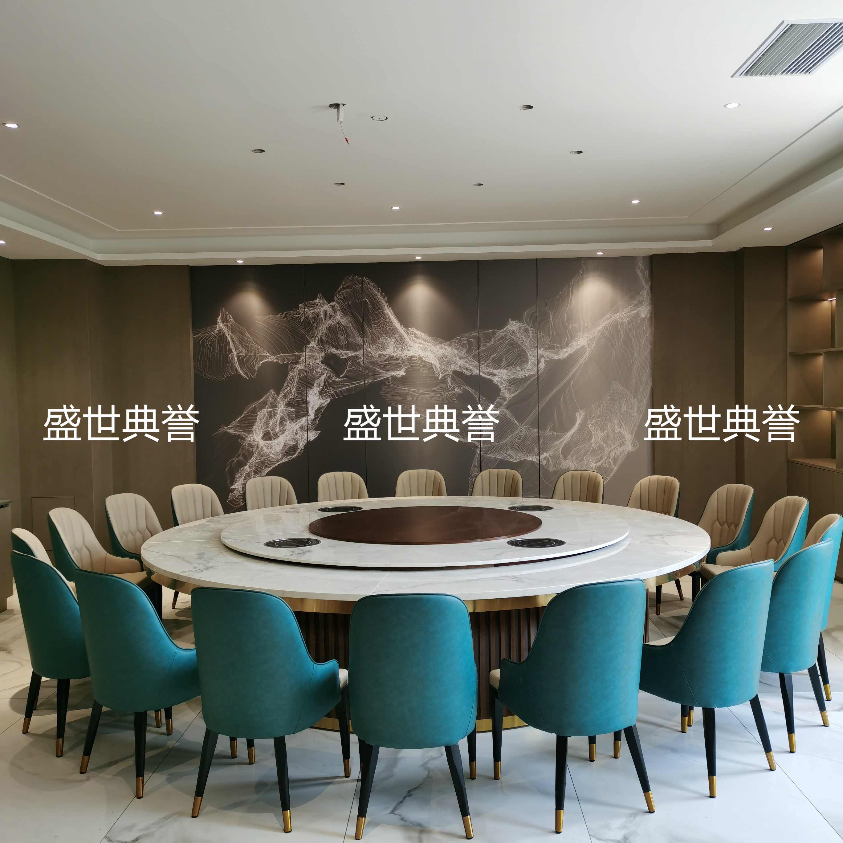 无锡度假酒店10-30人电动餐桌椅会所现代轻奢大理石电动转盘餐桌