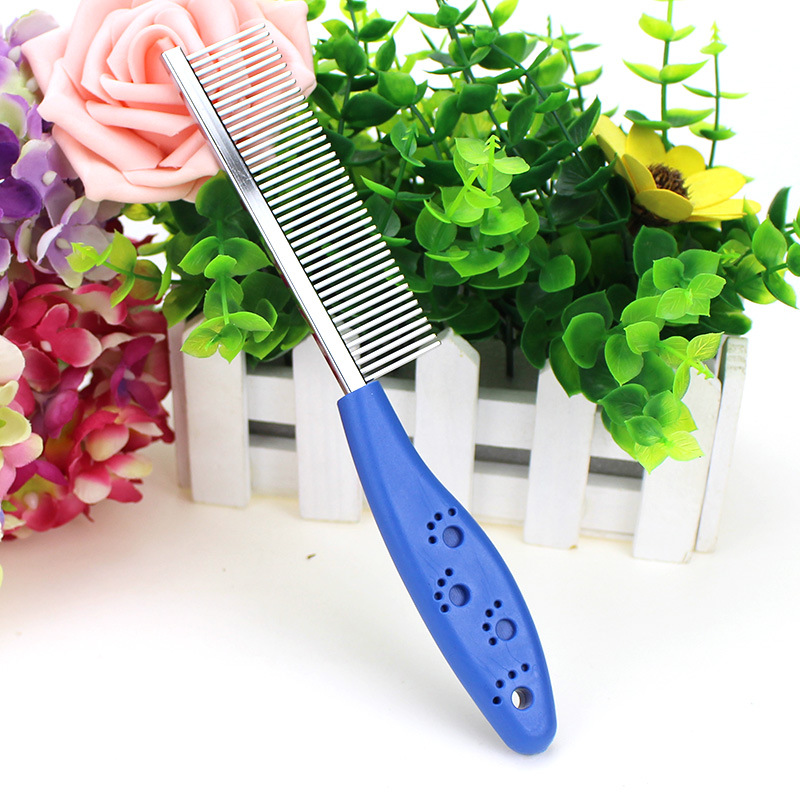 Wholesale of footprint anti-slip handle pet combs, stainless steel dog row combs, and flat-toothed cat grooming combs in stock details Picture