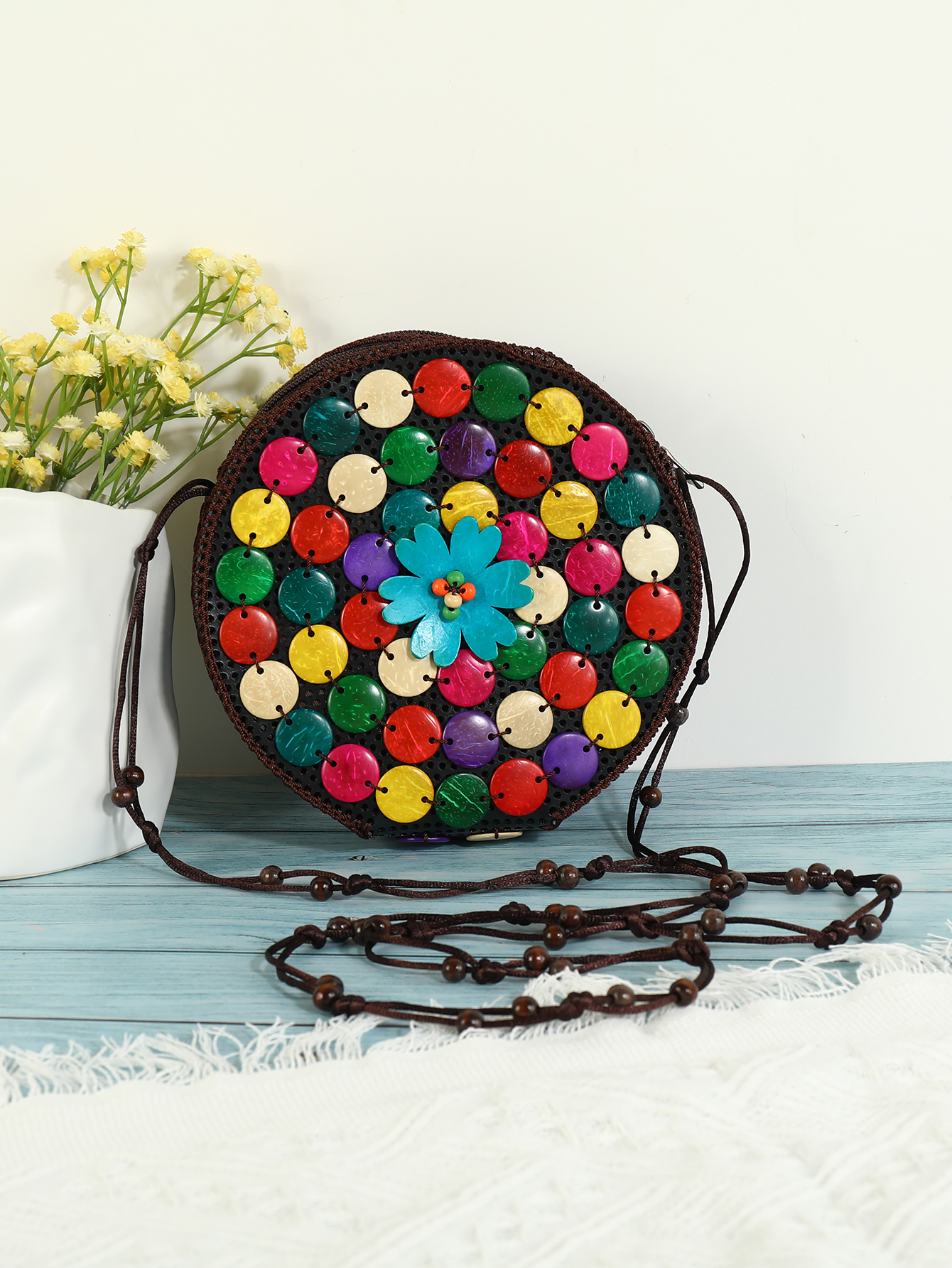 Boho Handmade natural Coconut shell large flower oblique shoulder bag Fu Coconut 172
