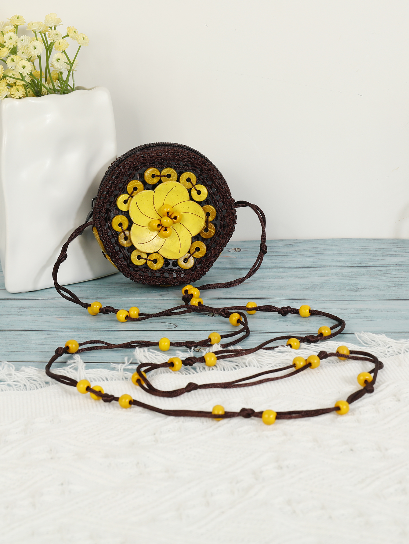 Boho Handmade Natural Coconut Shell with Large flowers and angled shoulders Mini change Bag Coco 173