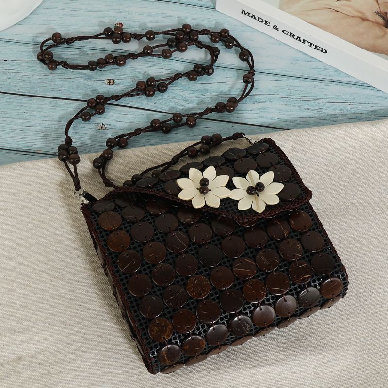 Boho Tropical Coconut Shell beaded Flower Bag with diagonal span 163 Item Picture