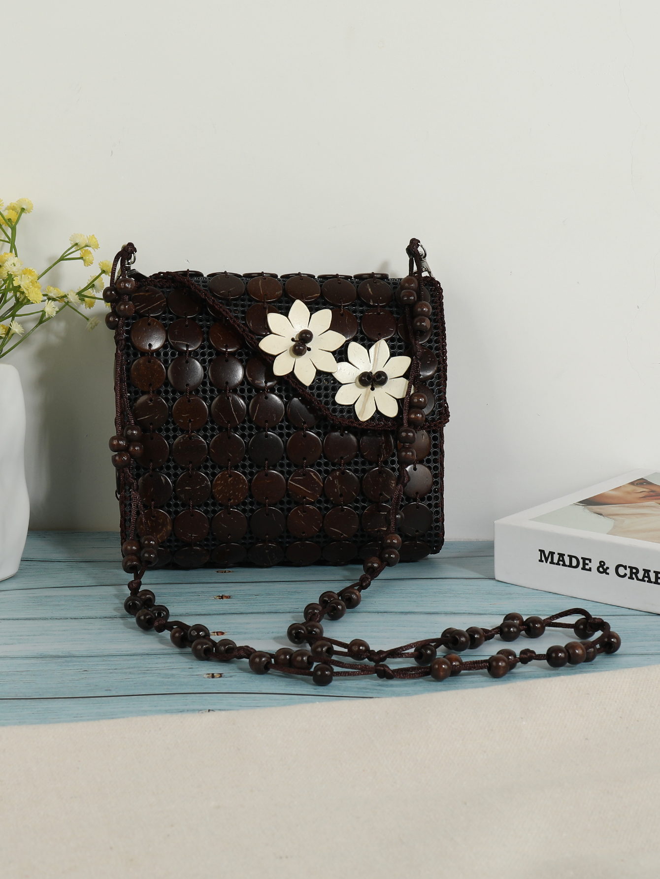 Boho Tropical Coconut Shell beaded Flower Bag with diagonal span 163 full figure