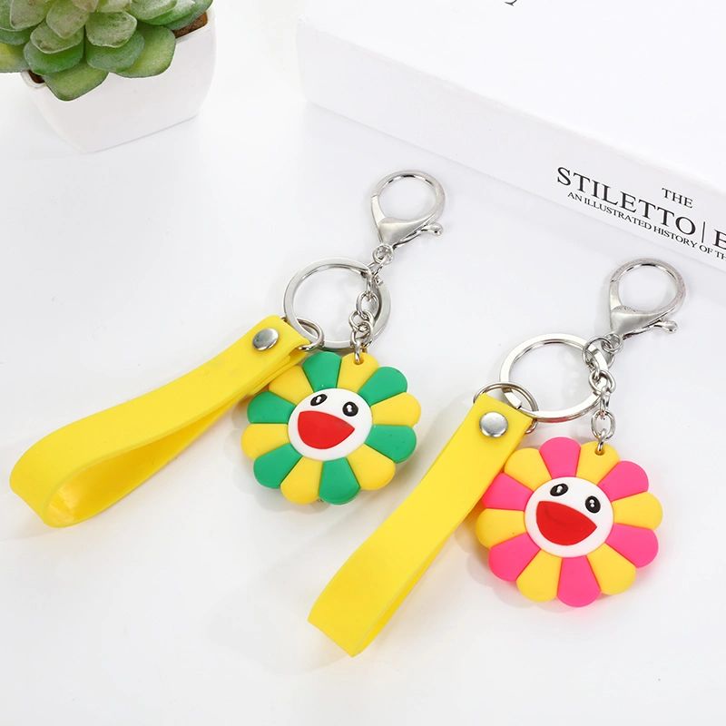 Eco-friendly PVC soft rubber cartoon creative three-dimensional sunflower keychain, metal keychain ring, decorative pendant, silicone keychain, customizable pic 3