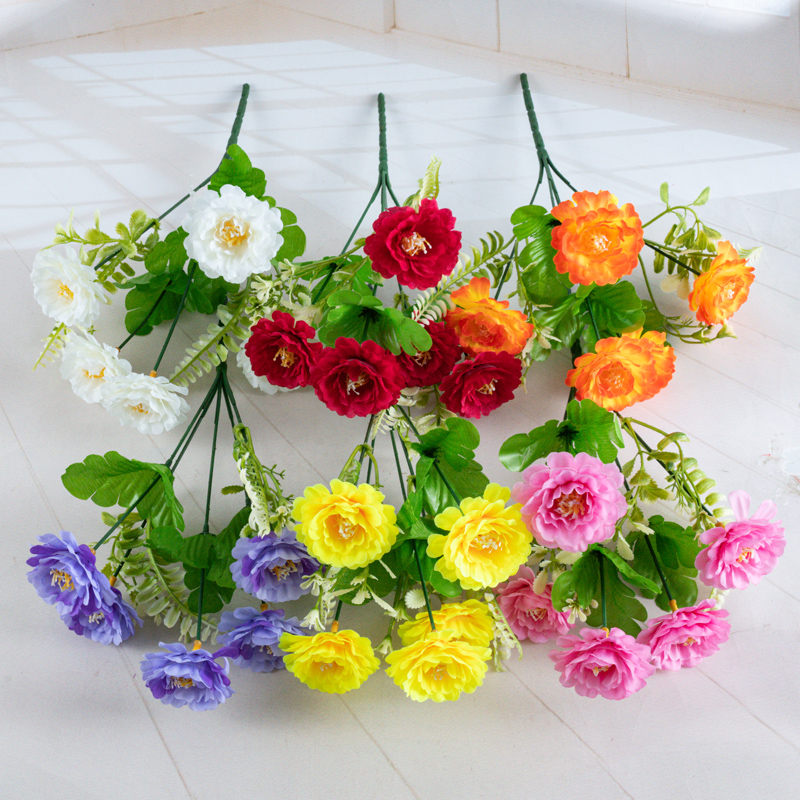 Artificial flower factory direct sales of artificial flower bouquets and ornaments 19MX0547 Five-headed yellow heart chrysanthemums 0400140 18x1 pic 1