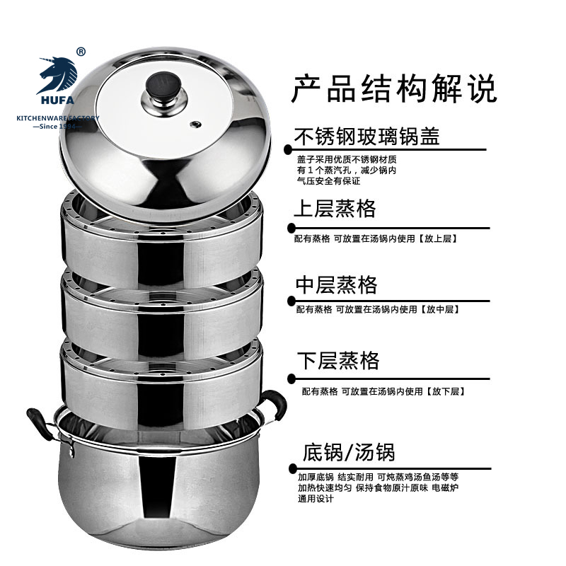 Mutual steamer 4-layer double bottom energy saving combination cover steamer original taste steamer non-flavour steamer three-layer thickened stainless steel household steamer multi-layer energy saving steamer kitchen supplies set pot soup pot