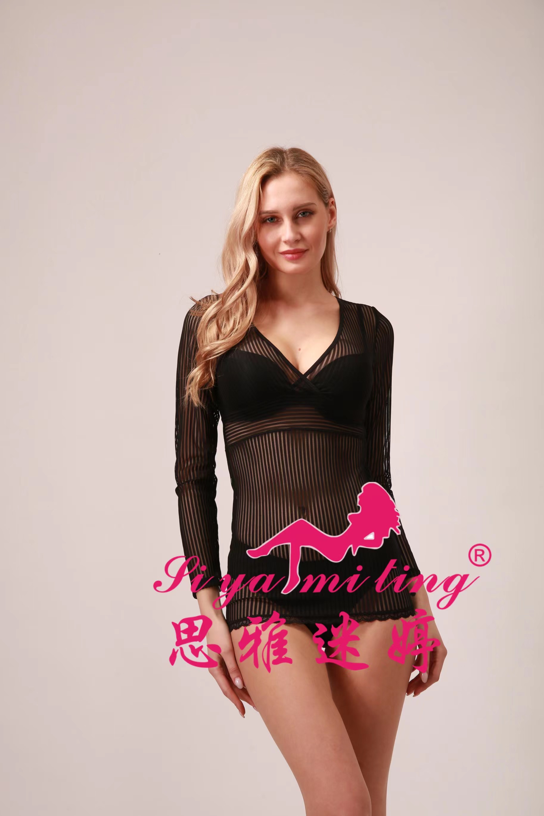 V of stripe of long sleeve of appeal sex appeal gets transparent temptation enchanting tight skirt thumbnail