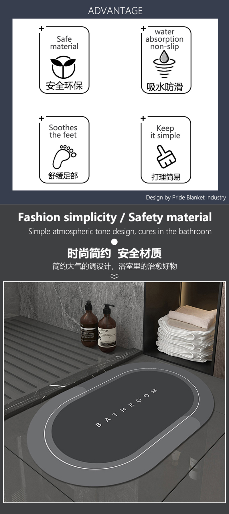 IBH硅藻泥地垫吸水地垫卫生间门口浴室垫防滑垫地毯厨房脚垫BH2202220501详情2