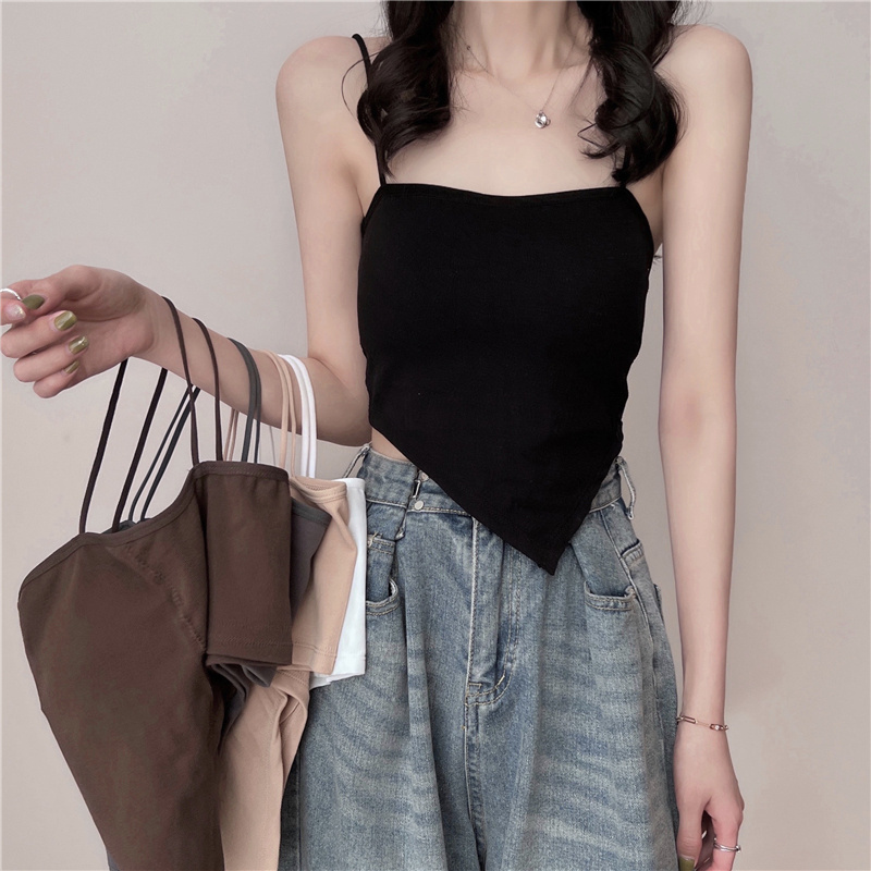 吊带背心女夏季薄内搭带胸垫内衣短款不规则小众外穿抹胸上衣黑白