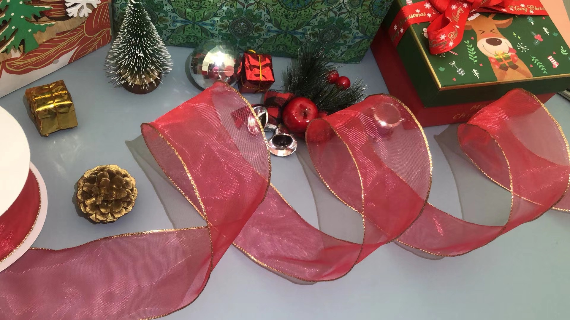 Item No. 1237 Christmas Gift Packaging Decoration DIY Red Nylon Snow Yarn Double Wire Webbing 6.3cm Specification image