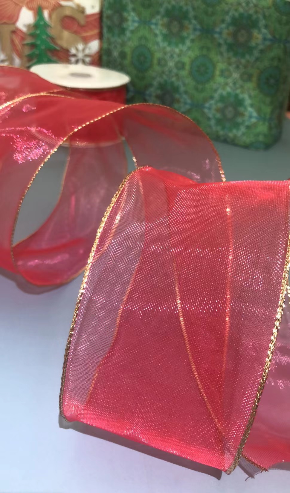 Item No. 1237 Christmas Gift Packaging Decoration DIY Red Nylon Snow Yarn Double Wire Webbing 6.3cm
