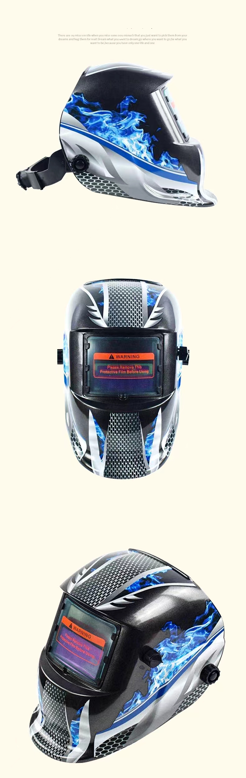 太阳能变光头戴式电焊面罩 全脸防护焊接面罩 轻便焊工焊帽 可来样定制图案 可定制贴花 可印LOGO 详情3