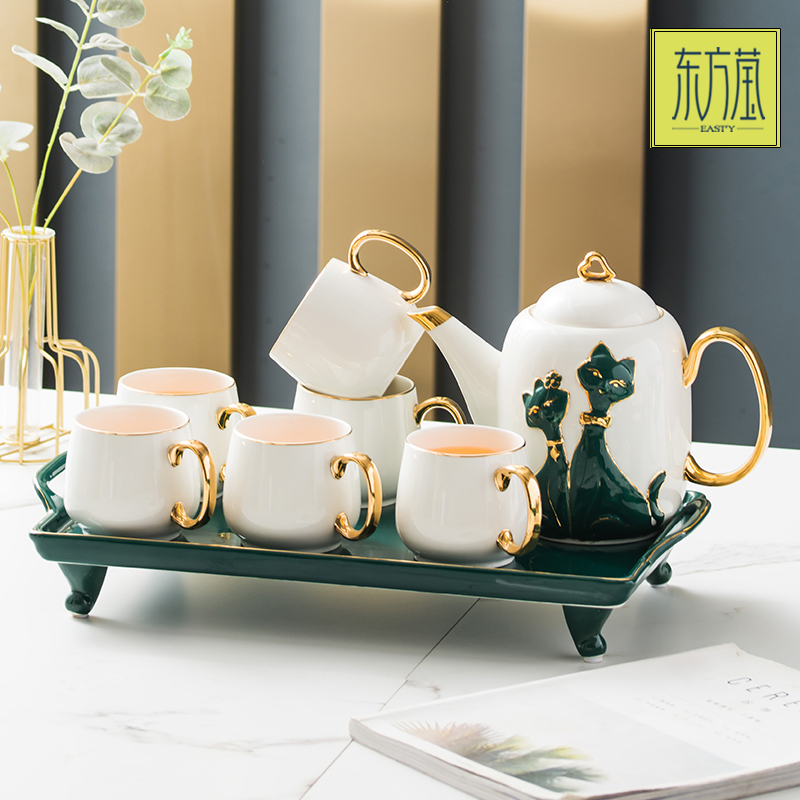 轻奢陶瓷描金边喝水杯子家用套装客厅茶具茶壶茶杯冷水壶杯具带托盘水具礼品详情1