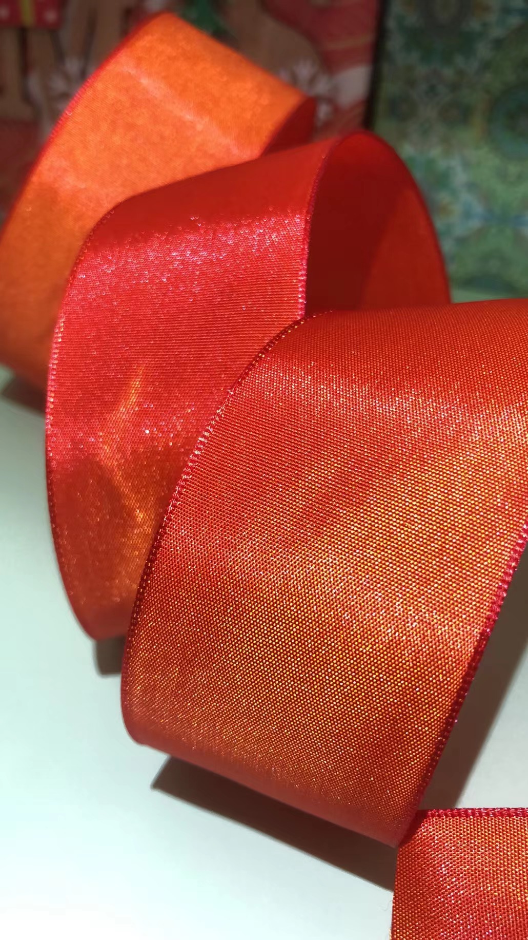 Item No. : 2023 Christmas Gift Packaging Decoration DIY Orange-red Double-sided Wire Webbing 3.8cm