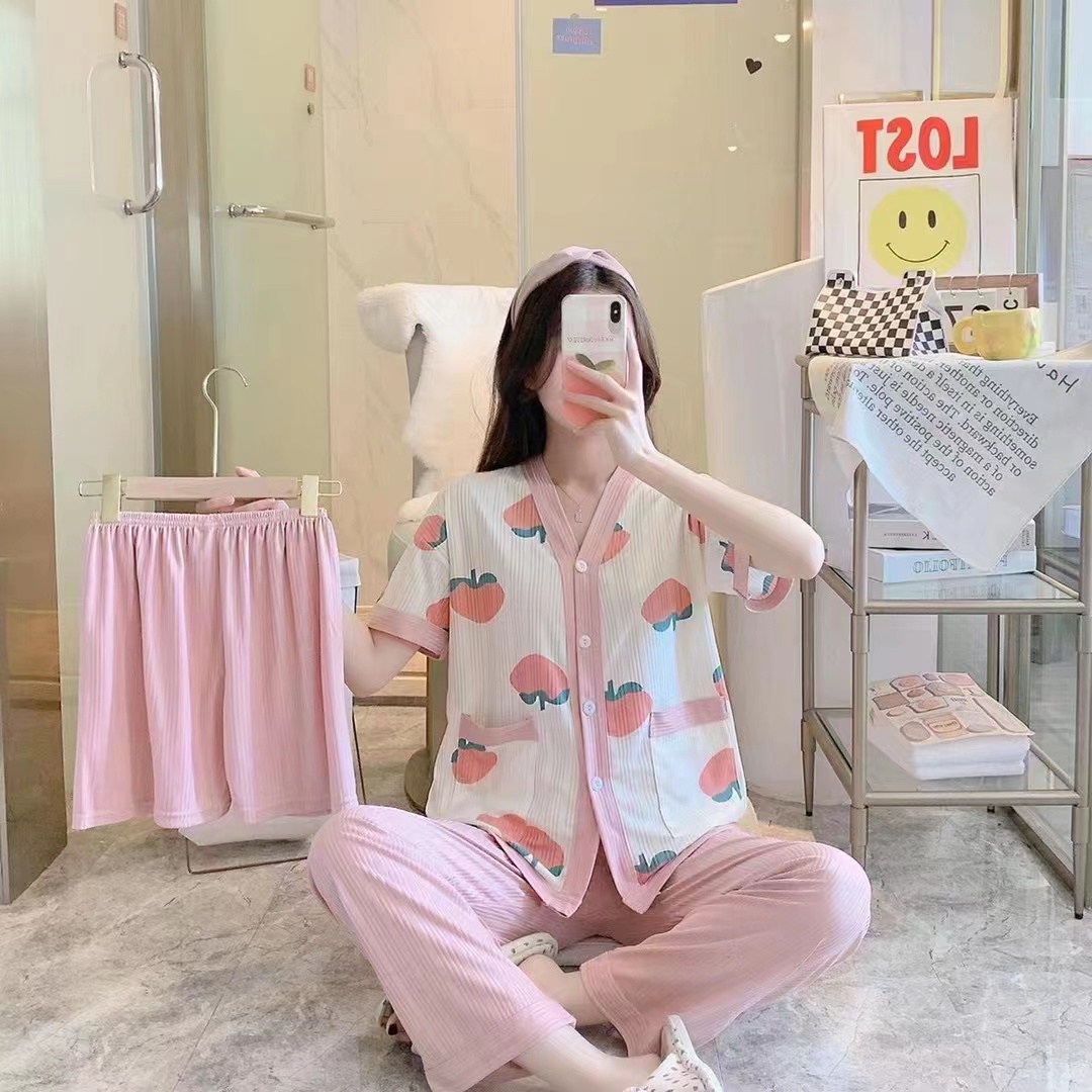 Spring autumn pit striped long sleeve V neck monk wear cardigan short sleeve trousers shorts three sets of pajamas sweet and lovely pajamas home clothes thumbnail