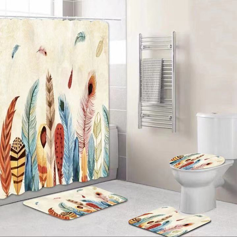 Bath CURTAIN 4 PIECES OF BATHROOM BIbulOUS GROUND MAT TOILET FOOTMAT ENTERS THE DOOR DOOR MAT TOILET NON-SLIP MAT BEDROOM semicirCLE CARPET thumbnail