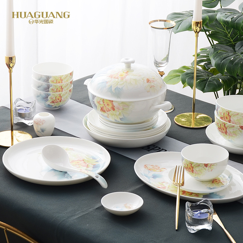 Huaguang National Porcelain Bone China Bowl and Plate Set, Household Tableware Set, New Chinese-style Glazed Color Gift Box, Lotus Under the Moon pic 16