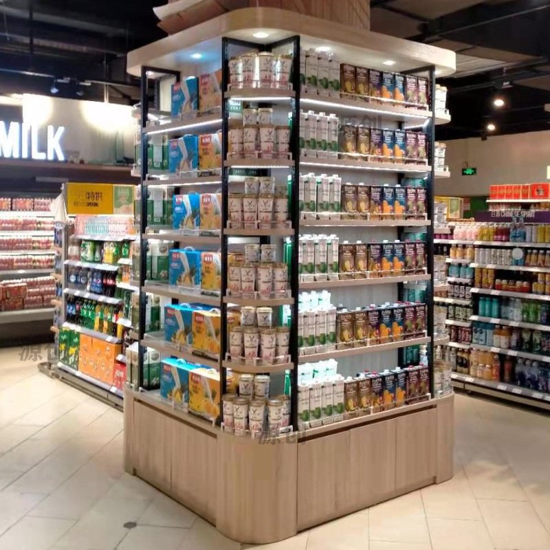 Supermarket convenience store food candy multi-layer steel and wood four bread column square round 6-layer revolving shelf customization thumbnail