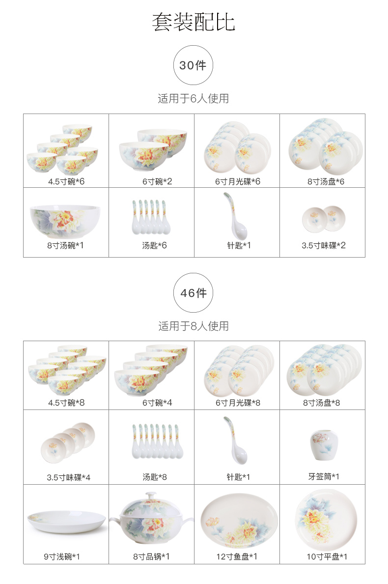 Huaguang National Porcelain Bone China Bowl and Plate Set, Household Tableware Set, New Chinese-style Glazed Color Gift Box, Lotus Under the Moon pic 10