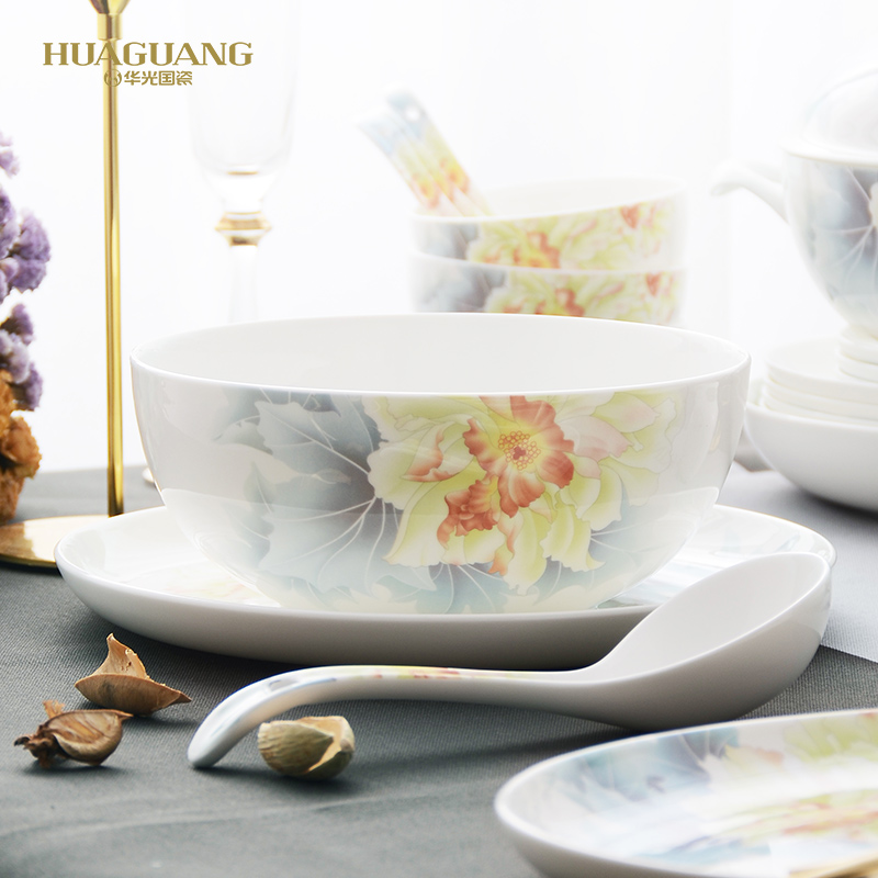 Huaguang National Porcelain Bone China Bowl and Plate Set, Household Tableware Set, New Chinese-style Glazed Color Gift Box, Lotus Under the Moon pic 17