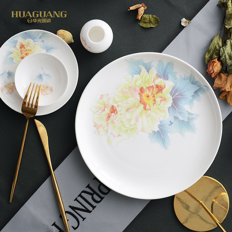 Huaguang National Porcelain Bone China Bowl and Plate Set, Household Tableware Set, New Chinese-style Glazed Color Gift Box, Lotus Under the Moon pic 18