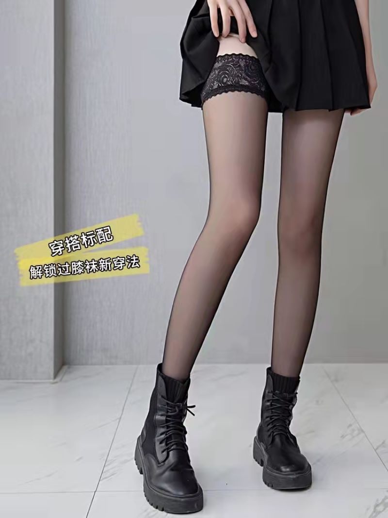 Lace stockings spring and summer stockings over knee stockings thin sexy high stockings stockings lace lace female non-slip knee black stockings thumbnail