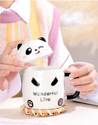 Cartoon Nordic creative ceramic mug gold handle water cup simple band cover gold cup coffee cup couples cup with hand ceremony thumbnail