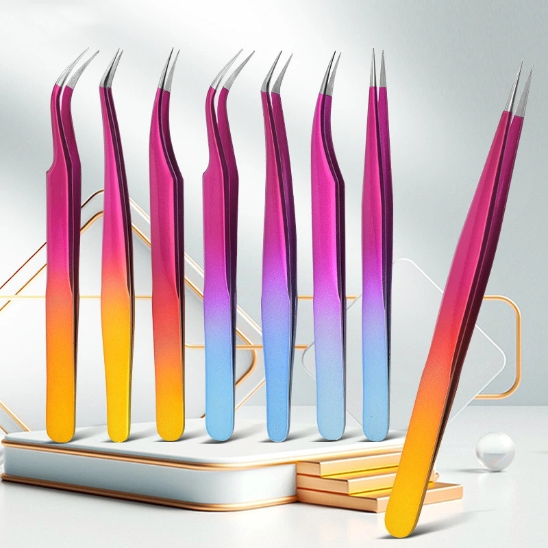 Grafted false eyelash tweezers Straight tip elbow stainless steel two-tone gradient clip gold feather clip Dolphin clip can be fixed LOGO