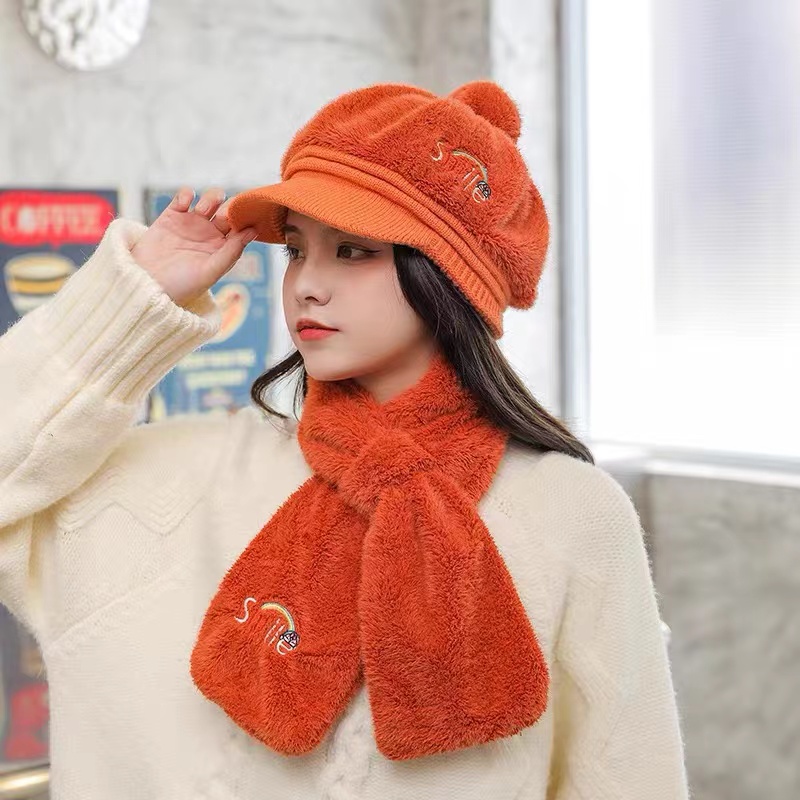 European Ladies' thermal hats match trendy knitted rabbit hair decorative hat scarf woolen hat Cap cycling thickening for warmth thumbnail