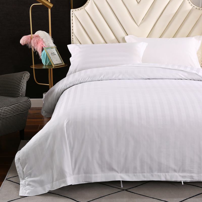 Hotel Shining 3 cm universal satin striped hotel linen bedding, pure white all-cotton Gongsatin jacquard bed set, four-piece quilt cover, bed sheet, soft and comfortable details Picture