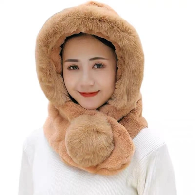 Thickened big wool ball face protection plush hat scarf woman autumn and winter cycling cold windbreak Lei Feng hat lovely ear protection hat fluffy hat Warm hat thumbnail