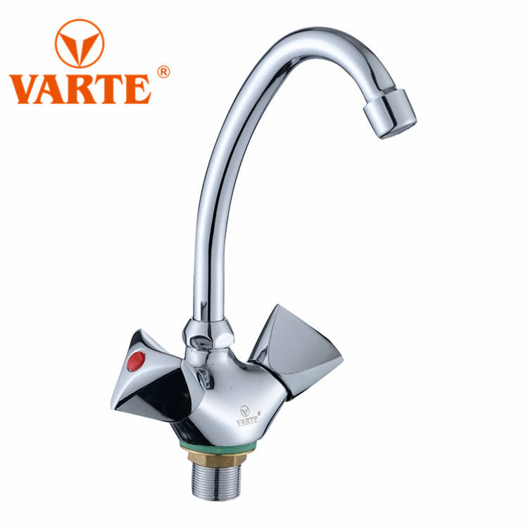 China Sanitary Ware Swiveling Brass Spout Kitchen Double Handle Sink Faucet Mixer thumbnail