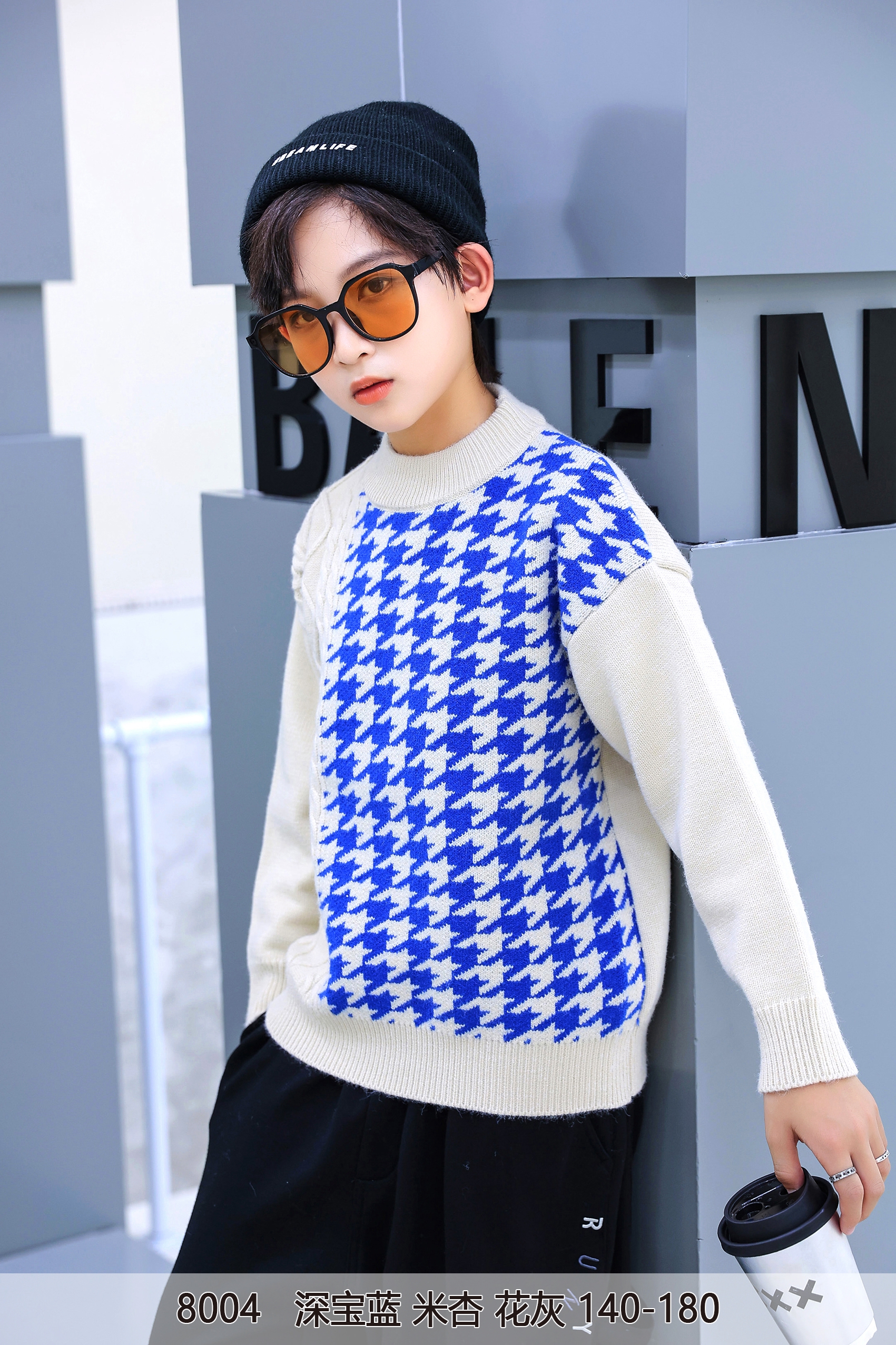 Autumn winter 2022 designer brand new trend Korean-fan round collar thousand-bird check stitching color contrast knit sweater thumbnail