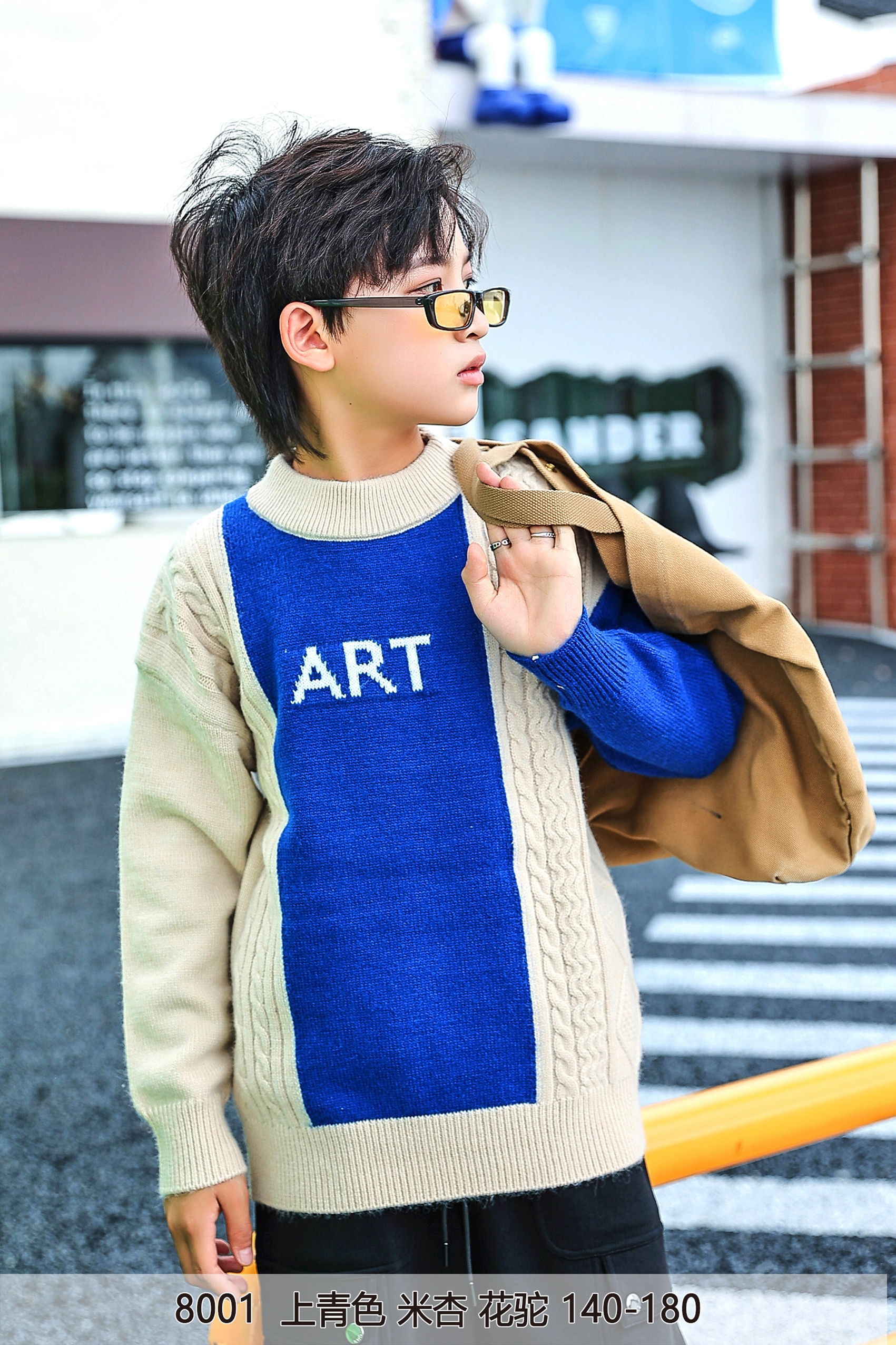 2022 autumn winter new children's wear boys matching color asymmetrical clash color Korean version of versatile round neck pullover sweater jacket leggings top trend thumbnail