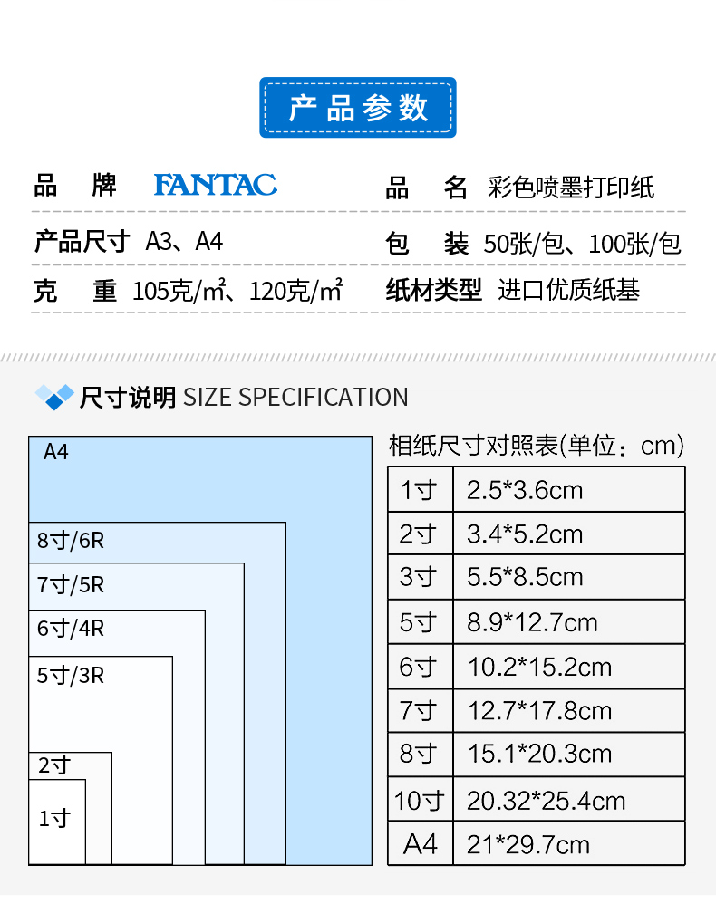 FANTAC泛太克彩色喷墨打印纸105g哑光喷墨打印纸简历病历广告纸菜谱纸A4单面彩喷纸100张彩色喷墨打印纸详情2