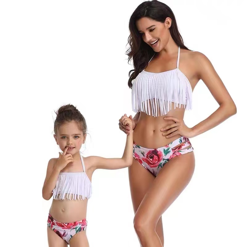 Europe And The United States Fashion New Women's Children's Two-Piece Swimsuit Bikini Parent-Child Swimsuit Children's Swimsuit Manufacturers Direct Beach Clothes White With The Same Series details Picture