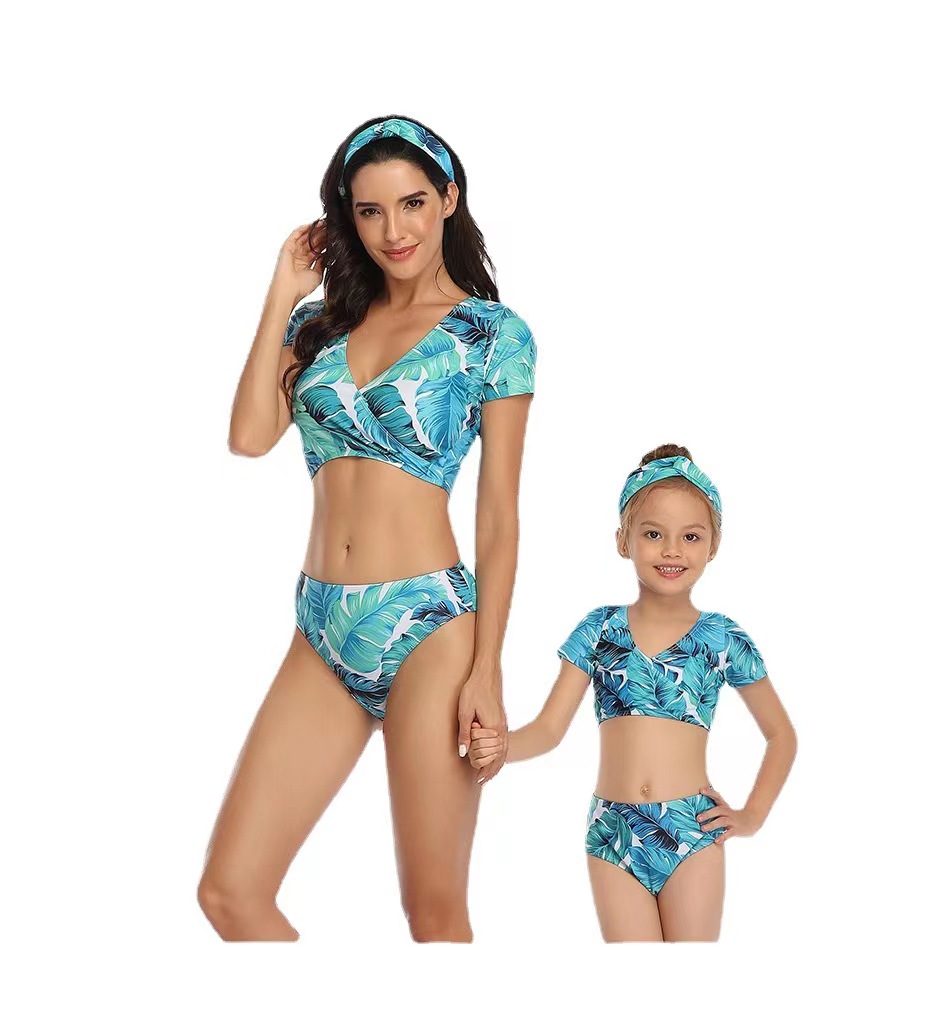 Europe And The United States Fashion New Women's Children's Two-Piece Swimsuit Bikini Parent-Child Swimsuit Children's Swimsuit Manufacturers Direct Beach Clothes Green With The Same Series