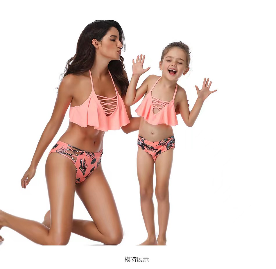 Europe And The United States Fashion New Women's Children's Separate Swimsuit Bikini Parent-Child Swimsuit Manufacturers Direct Beach Clothing Pink With The Same Series details Picture