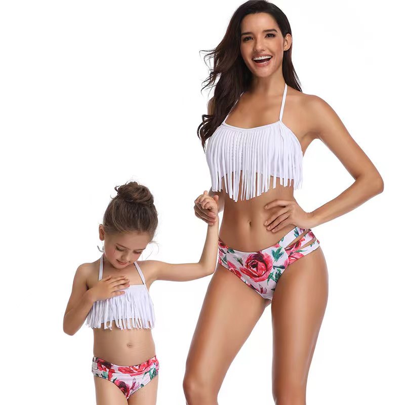 Europe And The United States Fashion New Women's Children's Two-Piece Swimsuit Bikini Parent-Child Swimsuit Children's Swimsuit Manufacturers Direct Beach Clothes White With The Same Series