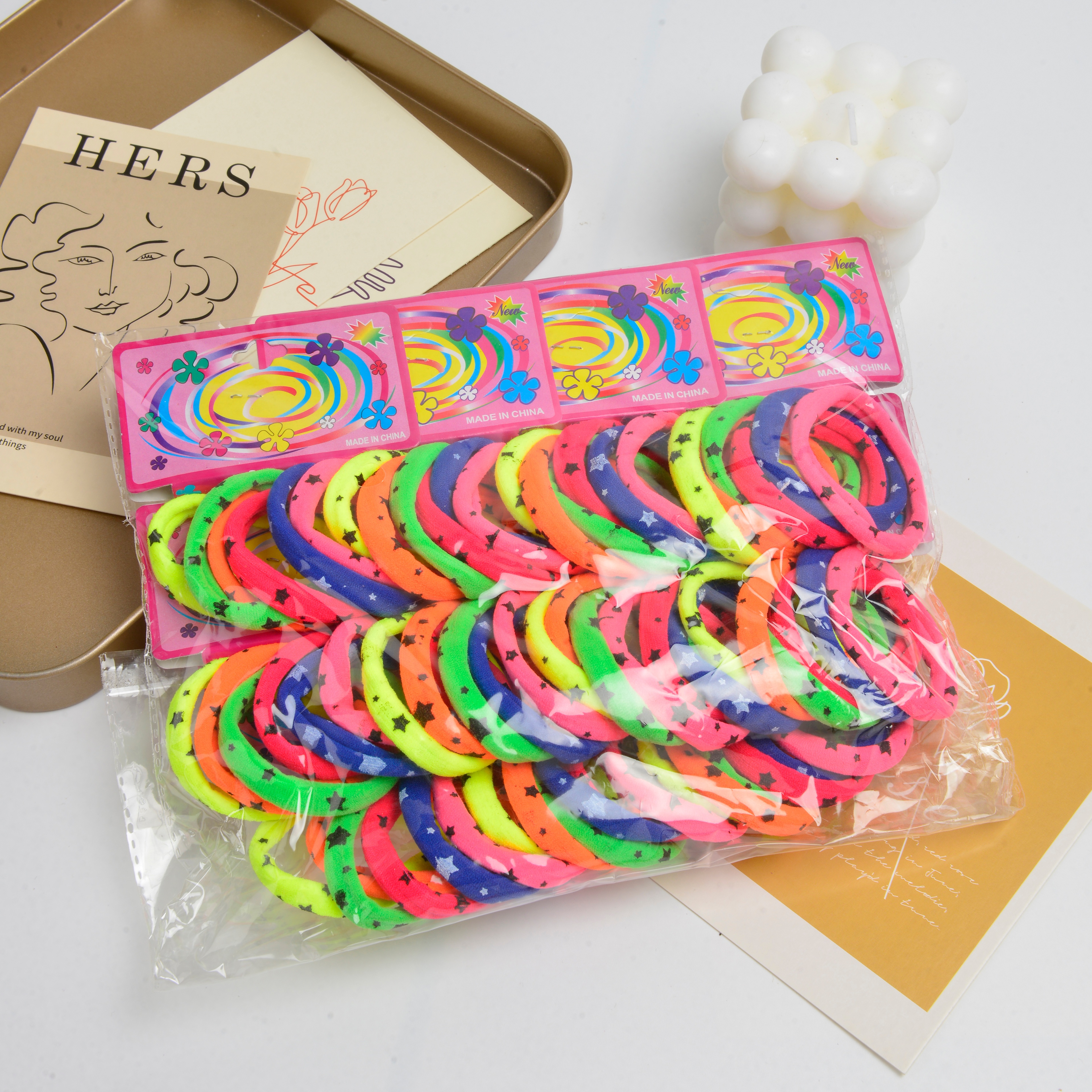 2022 new solid color rubber band scrunchie. Pentagram printed colour mixed colour scrunchie