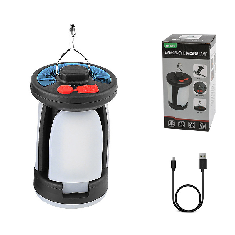 Outdoor strong light can be suspended emergency light solar charging camping light camping light USB foldable street lamp