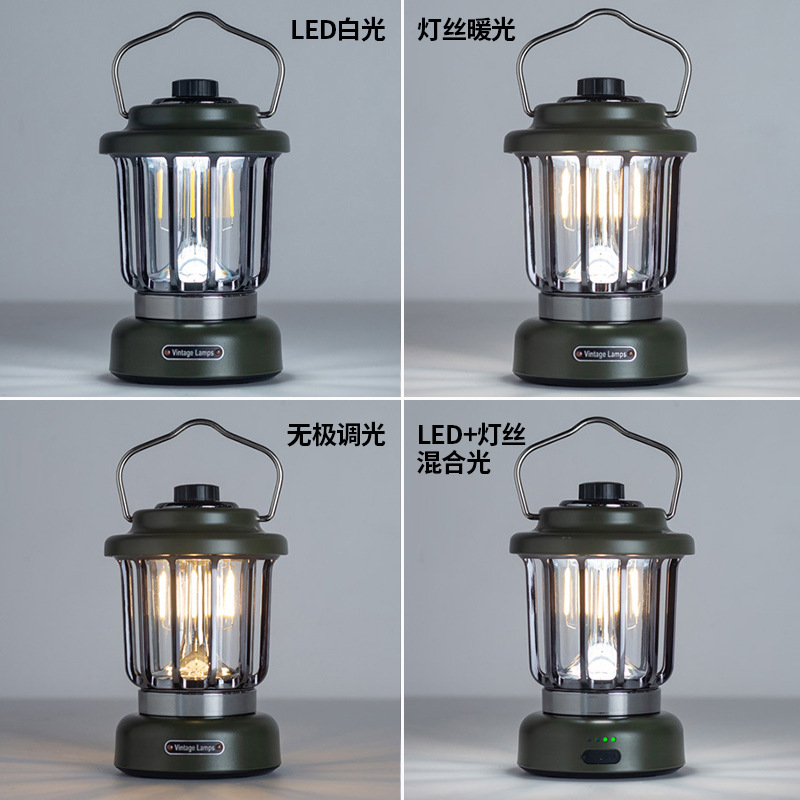 New outdoor camping light camping light fast charge dual light source non-polar dimming retro style camping atmosphere light full figure