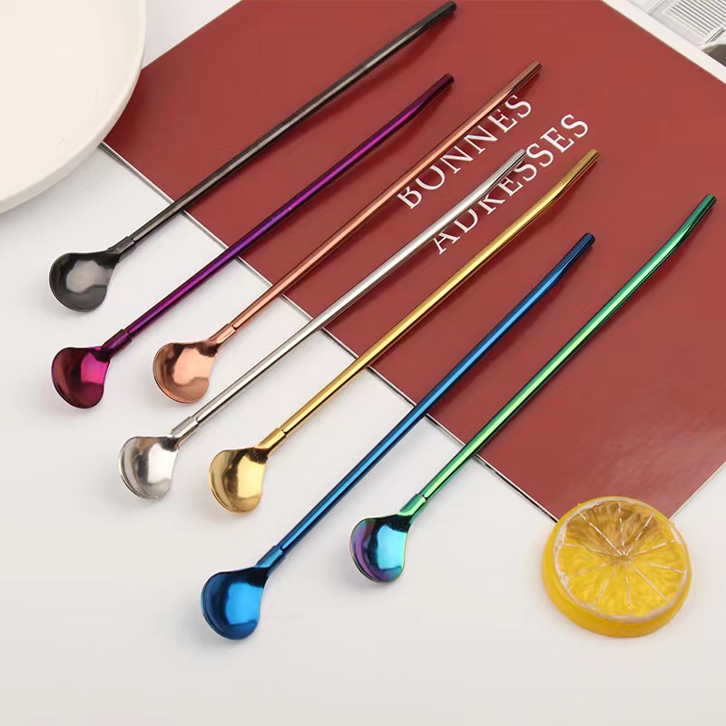New 304 stainless steel straw spoon double use milk tea drink straw round head metal long handle stirring spoon wholesale thumbnail